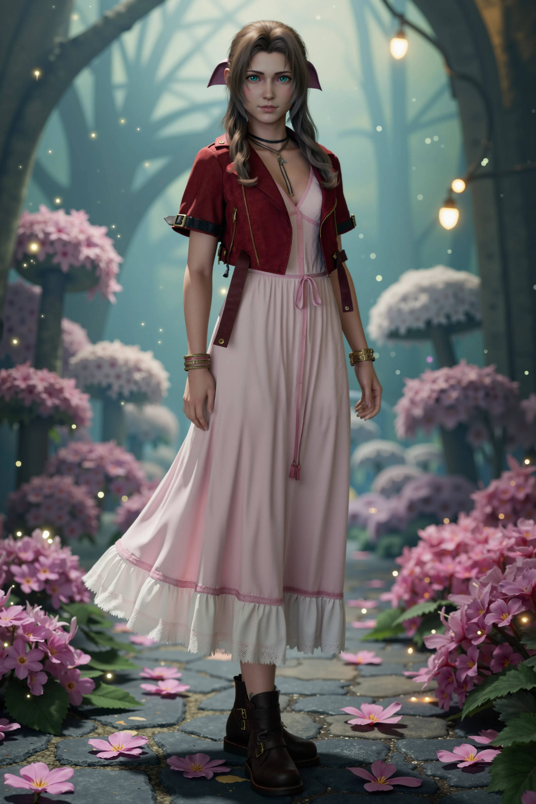 Imagine Aerith Gainsborough standing in a watercolor-painted dreamscape. Her figure is delicate, almost translucent, surrounded by splashes of pastel blues, lavenders, and pinks that blur into a soft, ethereal world, <lora:Aerith Gainsborough:1.0>