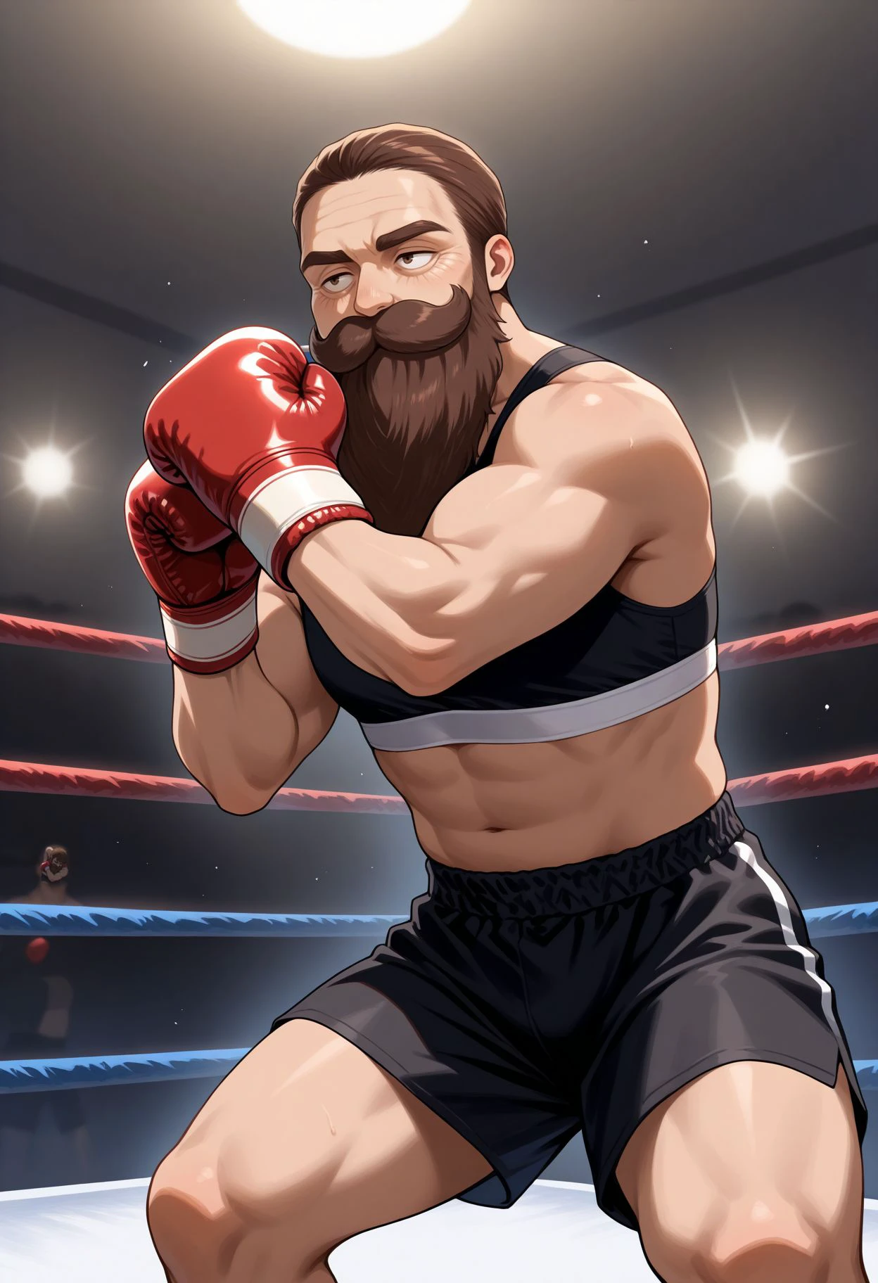 masterpiece, best quality,  
 <lora:Denken (illustrious):1>, sports bra, black shorts, boxing gloves, fighting stance, indoors, boxing ring,
1boy, male focus, long beard, facial hair, brown hair, thick mustache