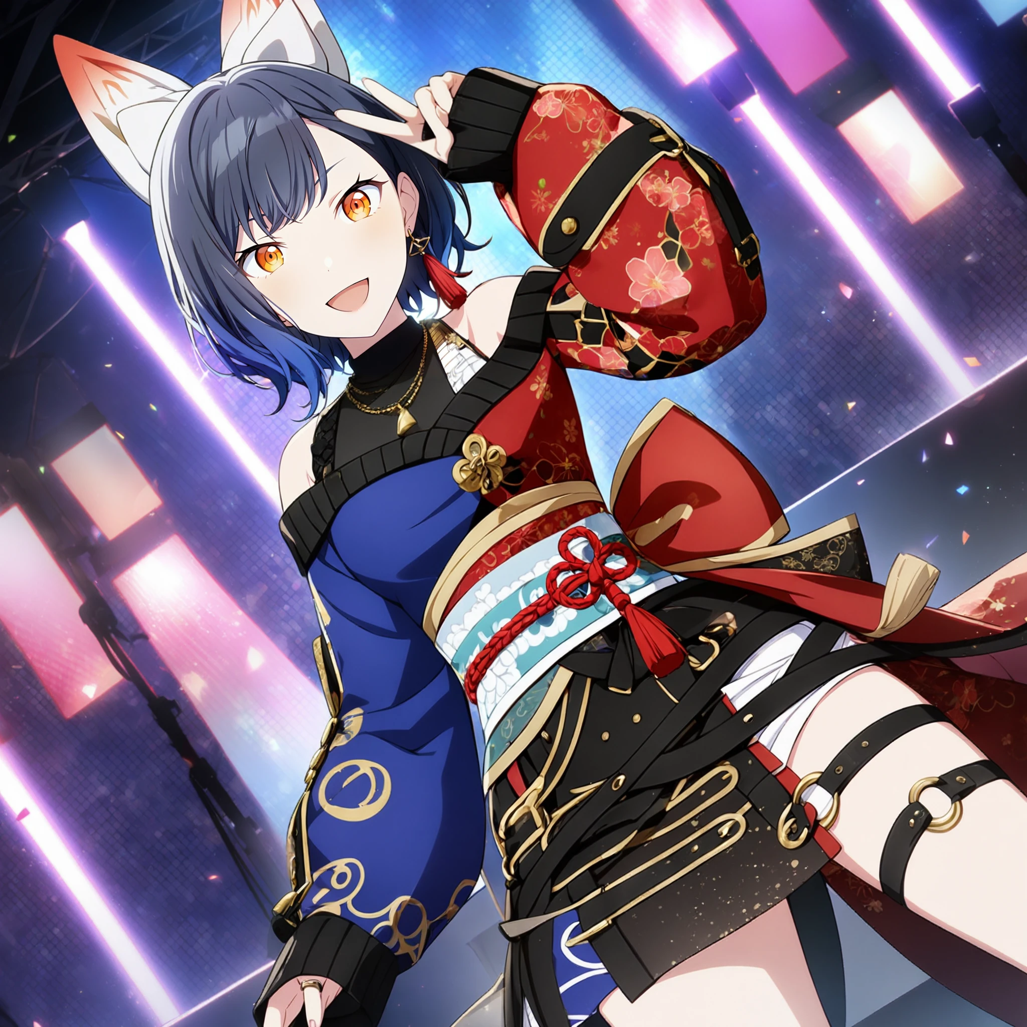 1girl, shiraishi an, project sekai, masterpiece, very aesthetic, absurdres, official art,
aiding white fox, solo, black and royal blue gradient hair, short hair, orange eyes,
(looking viewer:1.4), :D, two finger salute, hand up, (legs apart:1.2), cowboy shot, dutch angle,
tassel earring, BREAK
asymmetrical sleeves, long sleeves, necklace, thigh strap, bow, bare shoulders, sash, off shoulder, japanese clothes, chinese clothes, puffy long sleeves, puffy sleeves, sweater, ring, dress, obi, sleeves past wrists, tassel, side slit, belt, turtleneck, red bow
idol stage, stage light, neon light, confetti-flurry, psyllium, auditorium is filled with spectator,
<lora:sdxl-vbs-NewYearAn04:0.85:lbw=0,0,0.2,0.2,0,0.4,0.4,0,0.8,0.8,0,0,0,0.8,0.8,0.6,0.8,0.0,0.0,0.0,0,0,0,0,0,0>