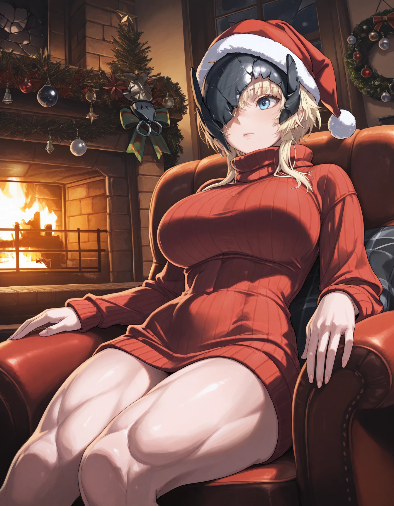 masterpiece, best quality, absurdres, 1girl, large breasts, toned, thighs, santa hat, blue eyes, blonde hair, short hair, sidelocks, sweater dress, turtleneck sweater,  broken mask, one eye covered, christmas ornaments, sitting, armchair, fireplace, indoors <lora:gravenikke-illu-byananas-v12:1>