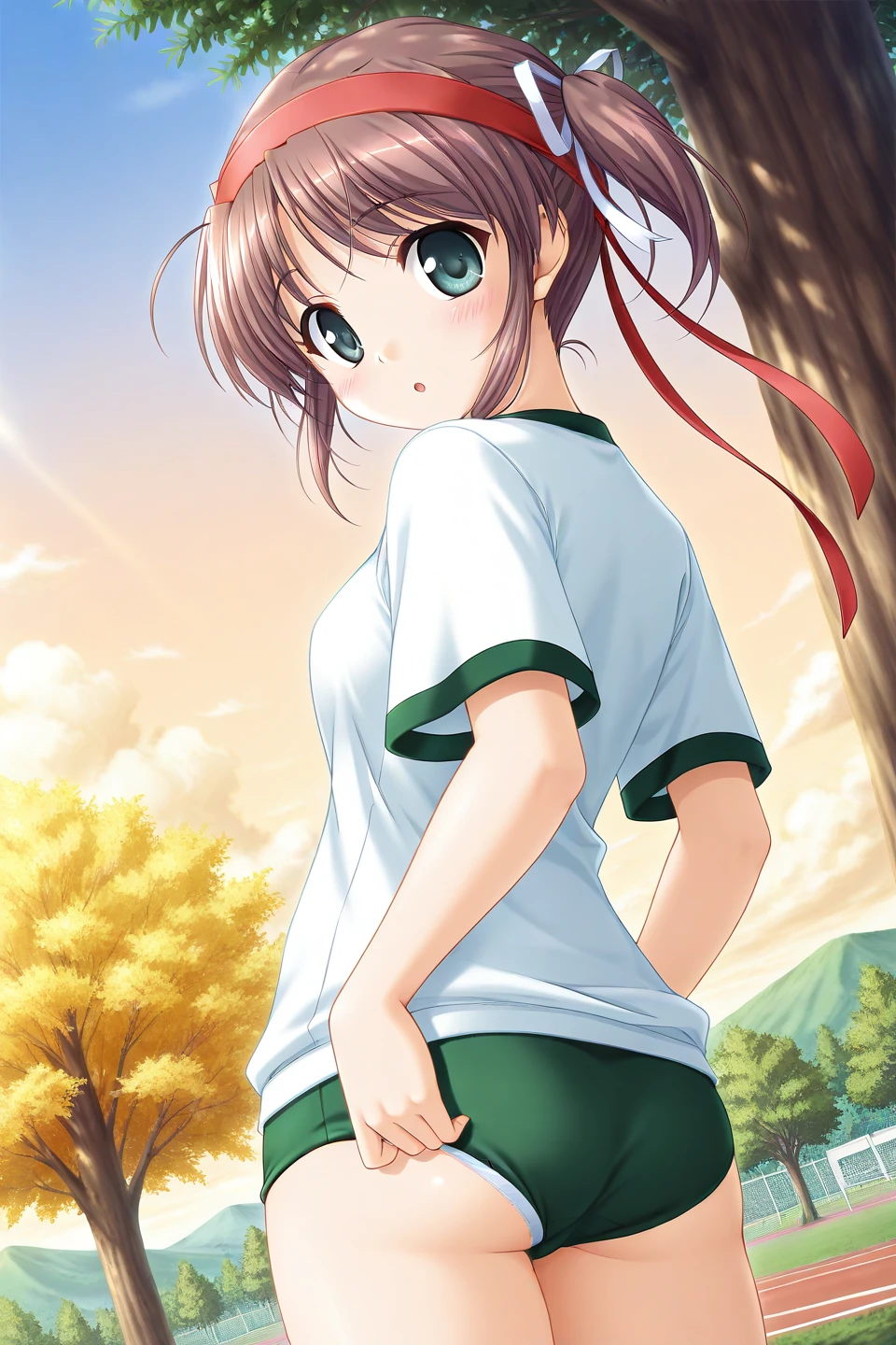 masterpiece, best quality, absurdres, official art, official style, zPDXL2, zPDXLxxx, rating_sensitive, sexually suggestive, nsfw, uncensored BREAK <lora:asagirimai_IL_v1:0.7>, asagiri mai, 1girl, solo, green eyes, brown hair, short hair, twintails, short twintails, bangs, sidelocks, ribbon, hair ribbon, white ribbon, small breasts
buruma, gym uniform, underwear, panties, ass, twintails, looking back, blush, white panties, day, outdoors, short hair, ribbon, from behind, hair ribbon, short twintails, headband, :o, sky, pantyshot, buruma pull, standing, cloud, looking at viewer, open mouth, shirt, tree, short sleeves, white shirt, t-shirt, white ribbon, hachimaki, red headband, green buruma