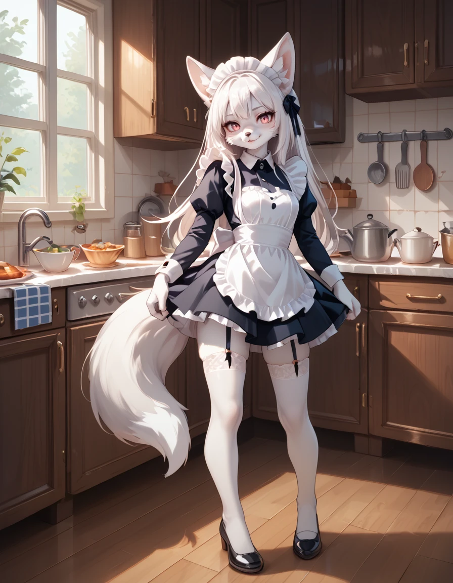 score_9,score_8_up,score_7_up,
indoors, kitchen, 
full body,seductive smile,parted lips,long eyelashes,pose,
maid, maid headdress, thighhighs, garter belt, 
<lora:Kytsune_v01_PDXL:1>,Kytsune,1girl,solo,furry female,fox girl,fox ears,animal ear fluff,fox tail,white hair,long hair,pink eyes,body fur,white fur,snout,animal nose,
<lora:add-detail-xl:1>,