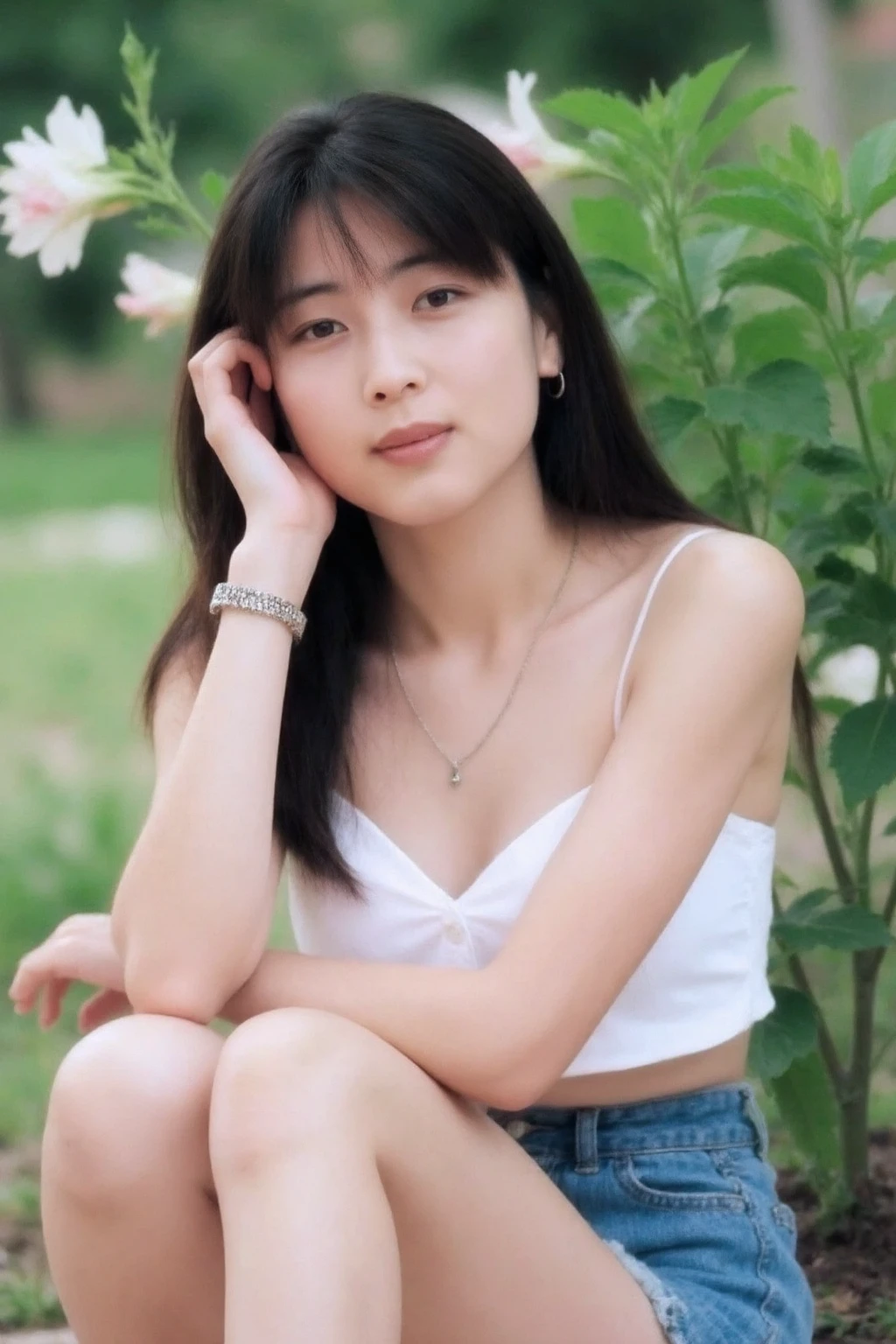 This image shows a young asian woman sitting outdoors, surrounded by greenery, particularly some flowering plants in the background. She has a casual and relaxed pose, with her knees bent up, one hand resting on her head, and a soft, natural smile on her face. She is wearing a  camisole and  low-cut denim skirt, complemented by a silver watch on her wrist.  <lora:flux_realism_lora:1>,   <lora:makinaflux_sakaiizumi_v1.0:1>, cleavage, necklace, earrings