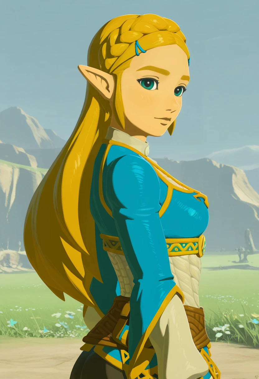 masterpiece, best quality, absurdres, highres, detailed background,
1girl, princess zelda, blonde hair, pointy ears, botw, long hair, hair ornament, blue shirt <lora:ZELDAkultyil:0.8>,  looking at viewer,