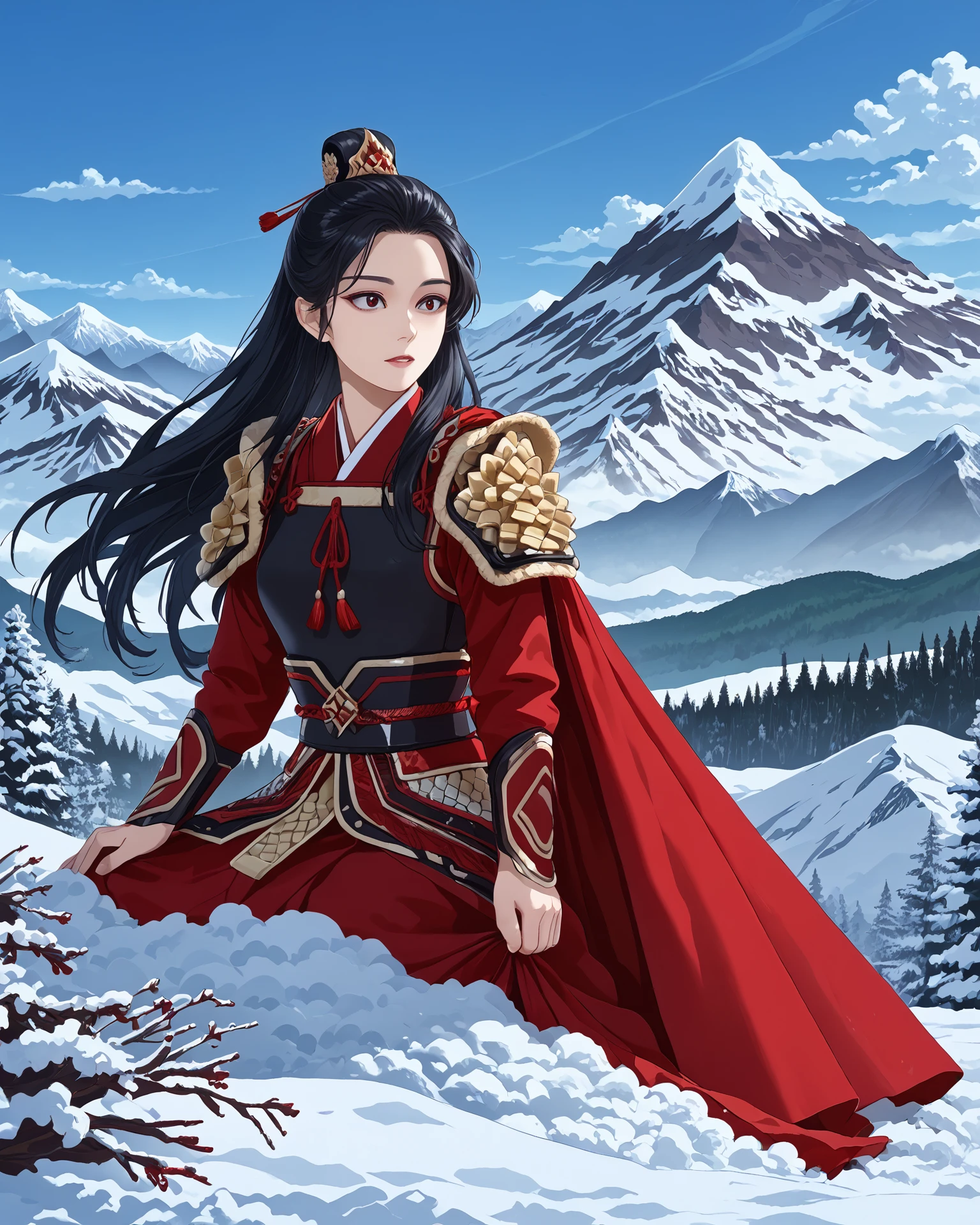 1girl, chinagen, black hair, red embroidery, patterning, snowy mountain, beautiful mountain scenery, masterpiece, highest quality, absurdres, digital art, very detailed, score_9, score_8_up, score_7_up, long hair,  <lora:ChinaGen_XL-000012:1.2>,   <lora:hagushkaFLUX:1> hagushka