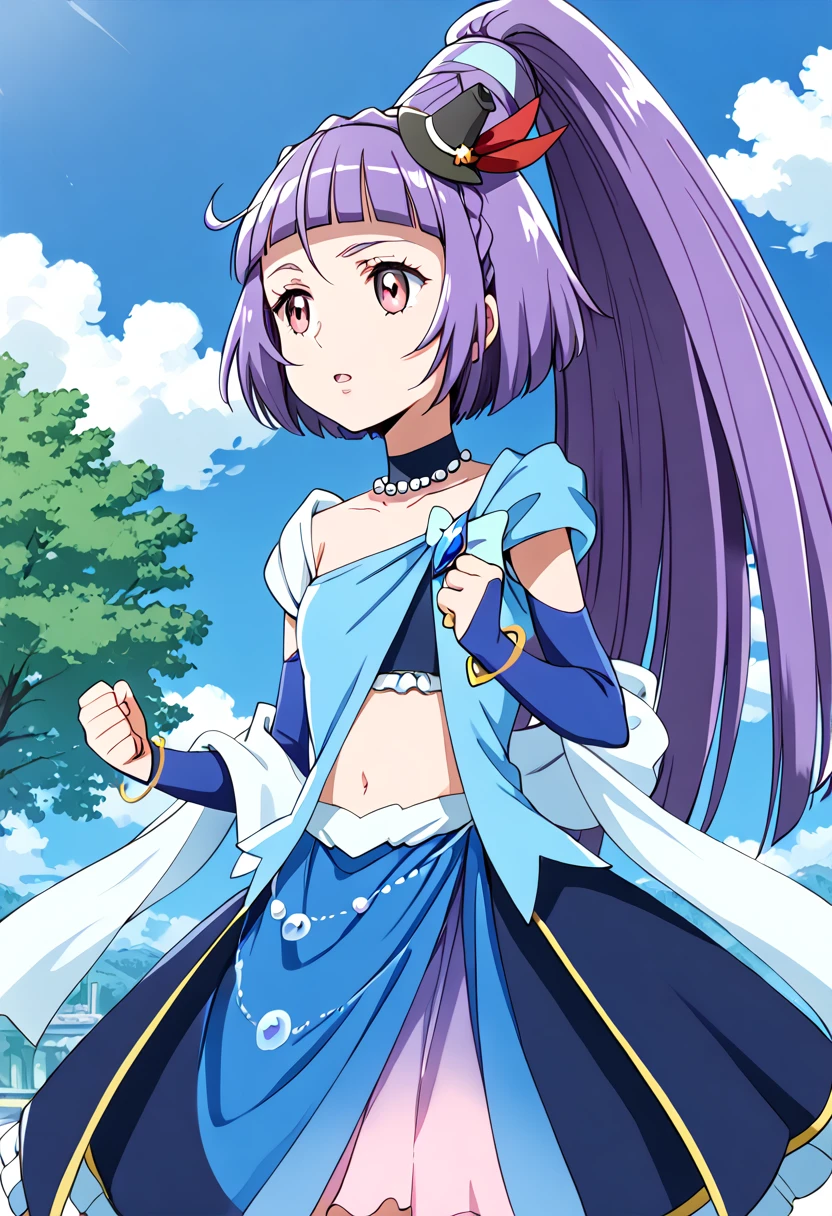 score_9, score_8_up, score_7_up, source_anime, BREAK
cure magical, cure magical \(sapphire style\), crmgclsapphire, 1girl, purple hair, solo, mini hat, purple eyes, ponytail, navel, black headwear, midriff, bridal gauntlets, cloud, hair ornament, bracelet, blue dress, day, blue bow, pink eyes, outdoors, blunt bangs, arm warmers, standing, detached sleeves, blue sky, cowboy shot, collarbone, high ponytail, shiny hair, mini witch hat, very long hair, eyelashes, parted lips, elbow gloves, blue skirt, wide ponytail, purple skirt, stomach, tree, blue neckwear, open mouth, pink skirt, red eyes, cloudy sky, looking to the side, blue gloves, black choker, clenched hands, hair bow, black bow, looking at viewer, black hairband, center opening, small breasts, looking away, hands up, pearl necklace, blue gemstone, shawl, blue choker, tilted headwear, sash, braid, navel cutout, brooch, anime coloring, hat ornament, breast bow, gradient skirt, multicolored skirt
<lora:cure_magical_izayoi_liko_pony_locon_v1:0.7>