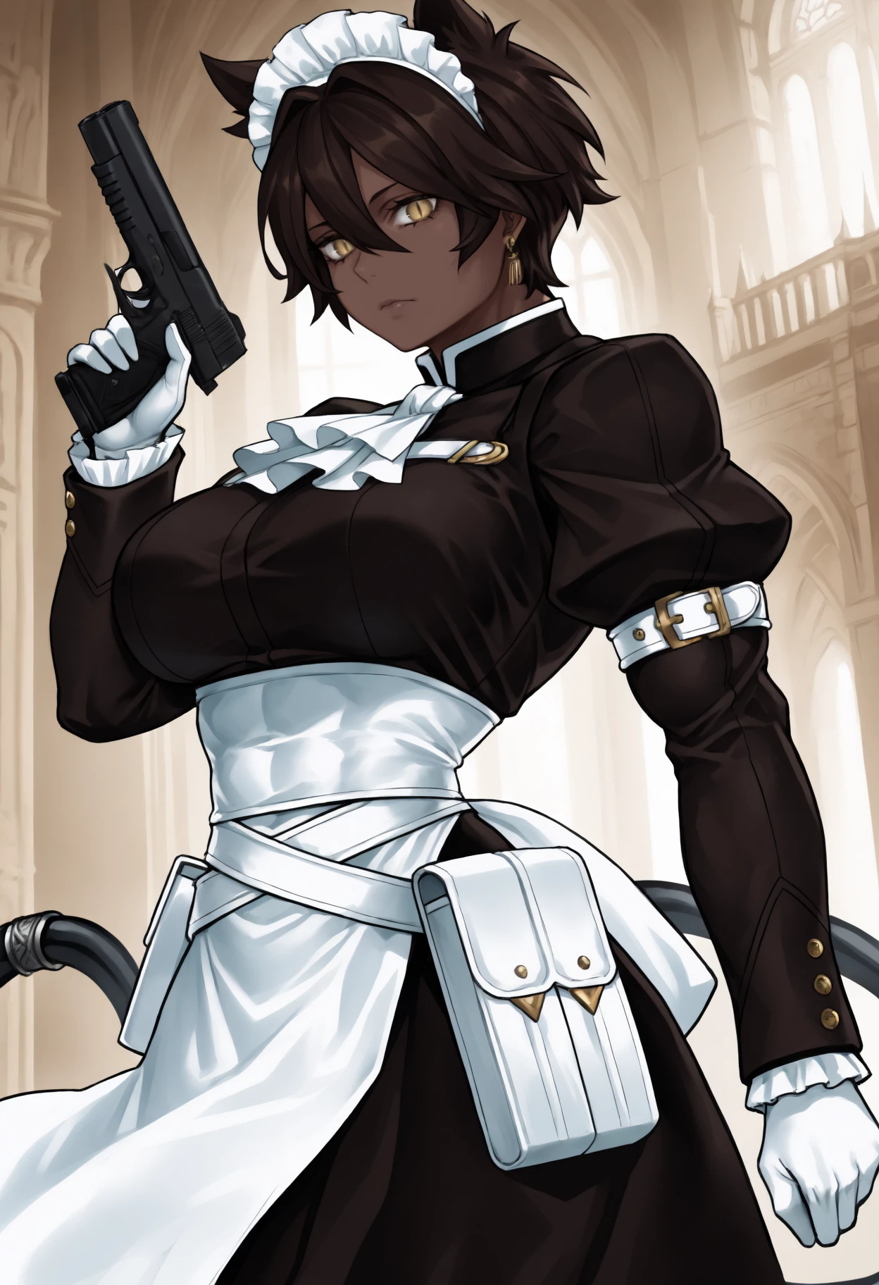 masterpiece, best quality, 1girl, dark-skinned female, hair ears, yellow eyes, slit pupils, short hair, dark brown hair, hair between eyes, cable tail, tail ring, large breasts, muscular,
gold earrings, maid headdress, maid, maid apron, white apron, white ascot, white belt, puffy sleeves, long sleeves, white gloves, white belt pouch, arm belt, frills, 
looking at viewer, expressionless, standing, holding handgun, gun, m1911, hand up, 
indoors, side view, castle,
<lora:Mao-YOTARo-NoobAi-1.1_V1-Manityro-CAME:1.0>