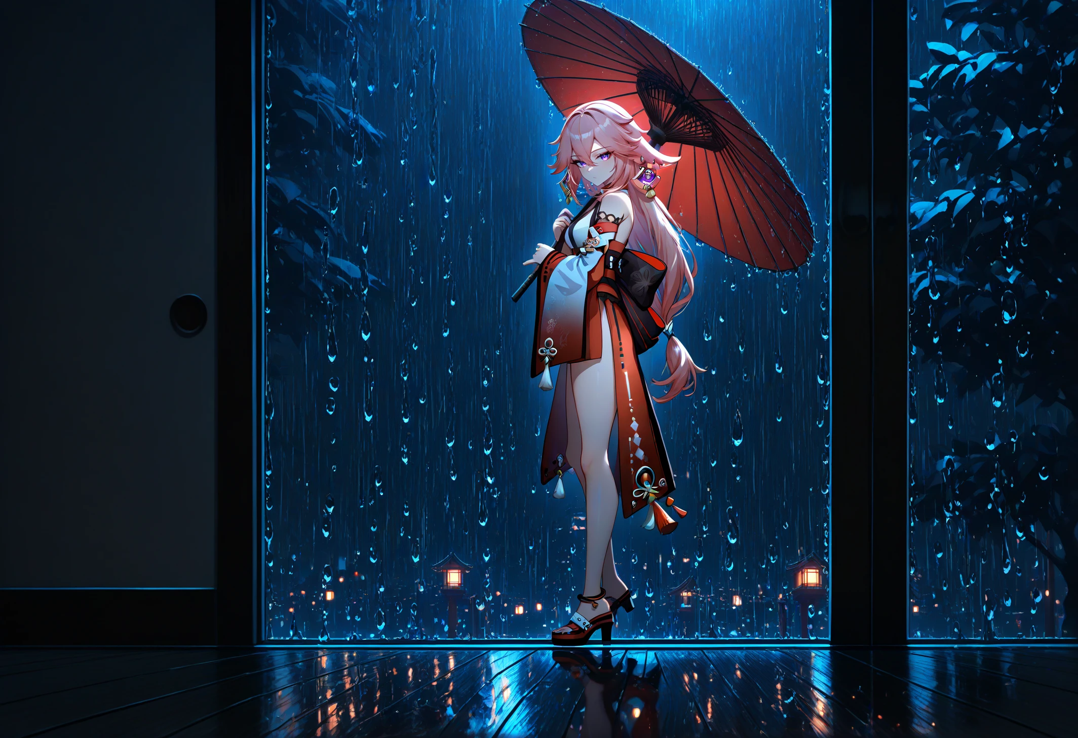 masterpiece, best quality, newest, absurdres, highres, <lora:Detailer_NoobAI_Incrs_v1:1>, detailed, 1girl, yae miko, oil-paper umbrella, wooden floor, japanese clothes, tree, east asian architecture, standing, scenery, holding umbrella, from side, hallway, sliding doors, wide shot, window, reflective floor, light particles, looking at viewer, closed mouth, tassel, ribbon trim, high heels, hand up, bare legs, looking to the side, light rays, water drop, rain, night, city lights, cityscape, reflection, balcony, dark, lantern, railing, high contrast,