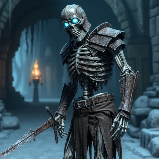 A semi-realistic Draugr warrior stands guard in an icy crypt, gripping a chipped sword in its skeletal hand. Its glowing blue eyes burn faintly beneath a rusted helmet, while frost and cobwebs cling to its decayed armor in the eerie, torch-lit tomb