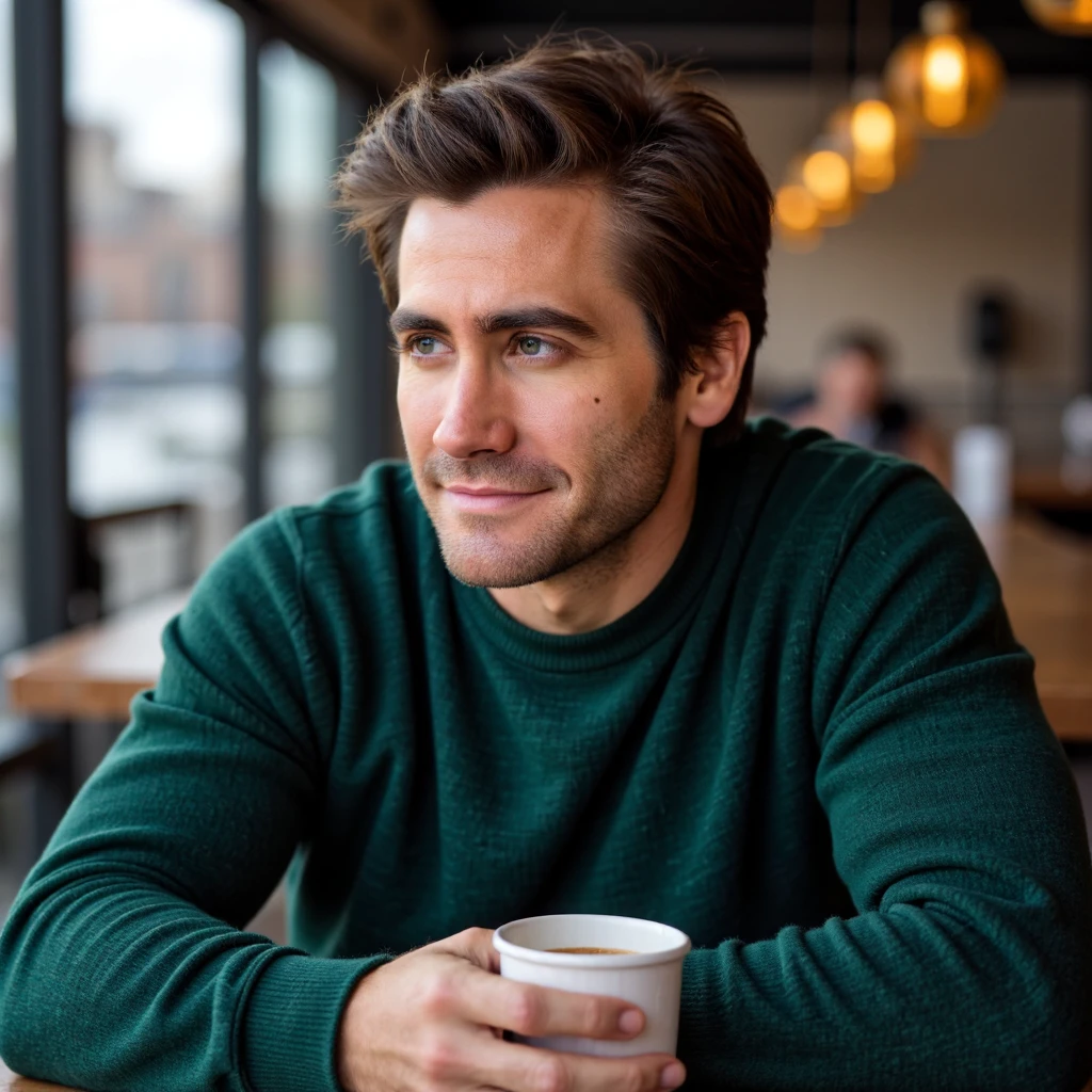 Jake Gyllenhaal with blue eyes is at a trendy coffee shop during the winter season in the United States. He wears a cozy thick warm winter fuzzy sweater in the color forest green. He is smiling at someone off camera and looks like he’s having a great time. He’s holding a cup of coffee in his hand.