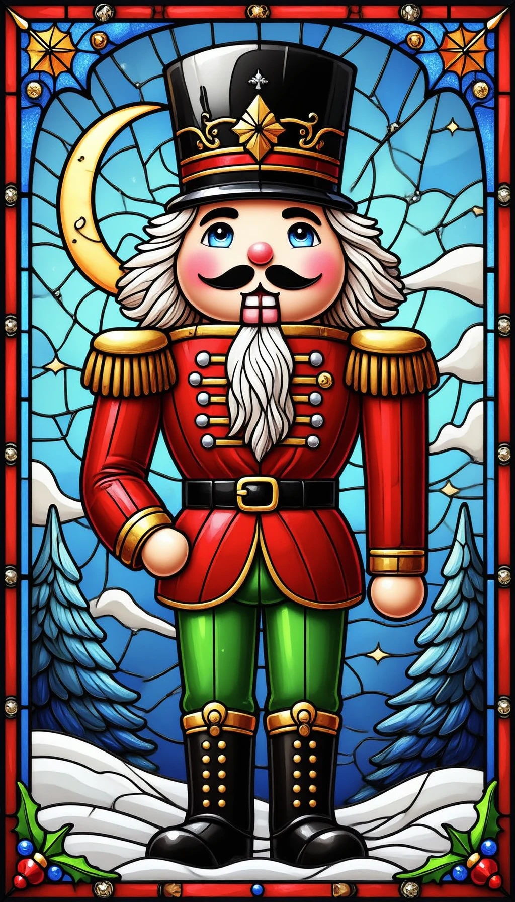 pinkchristmasstainedglass, 

A nutcracker soldier standing at attention, adorned in vibrant holiday colors.