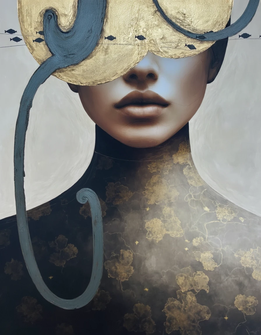 Chris Luha Art. The image is a digital painting with a surreal, abstract style. It features a close-up of a face and torso, focusing on a woman with a dark complexion. Her face is partially obscured by a flowing, abstract, metallic element that resembles a piece of armor or a mask. The mask is a mix of gold and dark blue tones, blending seamlessly with her skin, creating a dramatic, otherworldly effect. <lora:Chris_Luka:1>