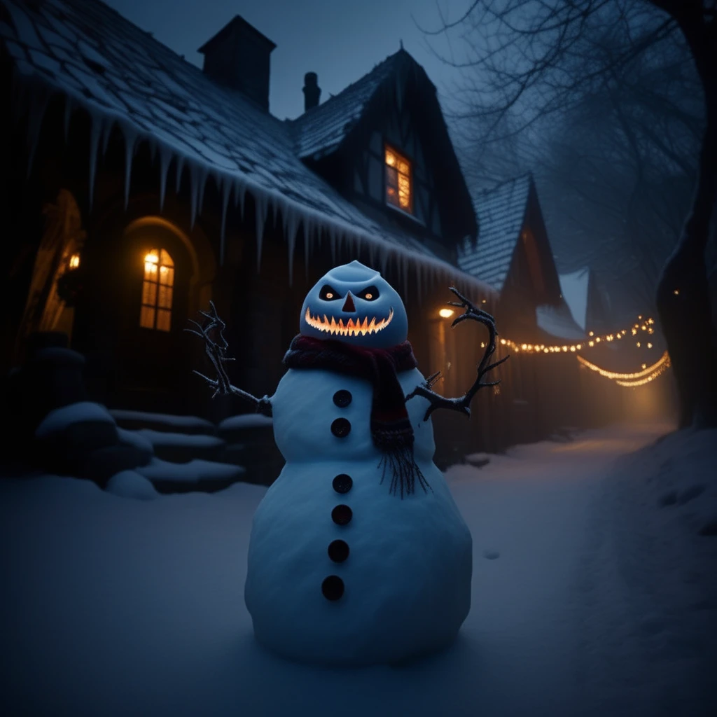 <lora:Grim_Snowmen:1> gr1msn0w, gothic snowman standing in deserted christmas village, eerie glow of shattered string lights reflecting on icy surface, buttons arranged like ancient runes, scarf tattered and blowing in cold wind, broken candy cane limbs, fog creeping over snowy cobblestone streets, tilted dutch angle view capturing cracked wooden houses in background, dark foreboding holiday mood, detailed icy textures and crumbling decor