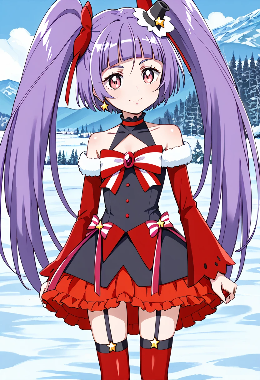 score_9, score_8_up, score_7_up, source_anime, BREAK
cure magical, cure magical \(ruby style\), crmgclruby, 1girl, solo, purple hair, twintails, witch hat, mini hat, looking at viewer, purple eyes, black headwear, red bow, garter straps, star earrings, red sleeves, closed mouth, hair bow, shiny hair, cowboy shot, long sleeves, choker, standing, striped bow, bare shoulders, pink bow, layered dress, detached sleeves, layered skirt, red skirt, fur trim, pink eyes, snow, blunt bangs, red ribbon, very long hair, frills, red dress, halterneck, collarbone, bowtie, mini witch hat, red neckwear, floating hair, hat bow, multicolored clothes, black dress, hair ribbon, frilled skirt, miniskirt, brooch, eyelashes, fur-trimmed sleeves, mountain, frilled dress, purple bow, outdoors, shoulder cutout, eyebrows visible through hair, striped neckwear, cleavage cutout, small breasts, blue background, red eyes, sleeveless dress, covered collarbone, arms at sides, anime coloring, multicolored skirt, short dress, cloud, striped clothes, sky, smile, day, tilted headwear, red thighhighs, star hat ornament, star ornament
<lora:cure_magical_izayoi_liko_pony_locon_v1:0.7>