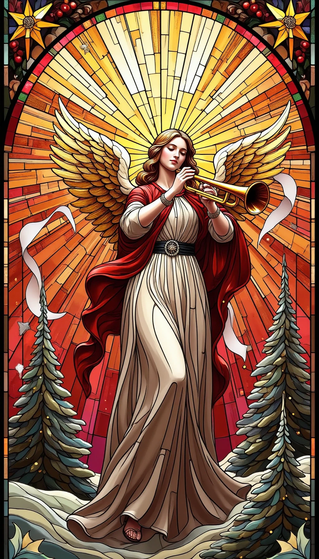 pinkchristmasstainedglass, 

An angel playing a golden trumpet, surrounded by cascading ribbons and heavenly light beams