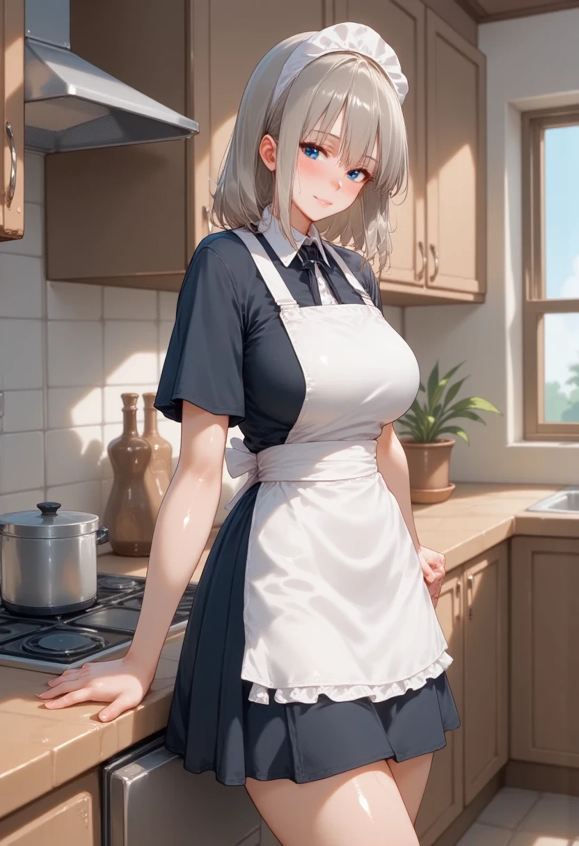 2D impressionist illustration of a Russian girl in her early 20s with ash-gray hair creating a giant cream puff in the kitchen of a pastry shop.