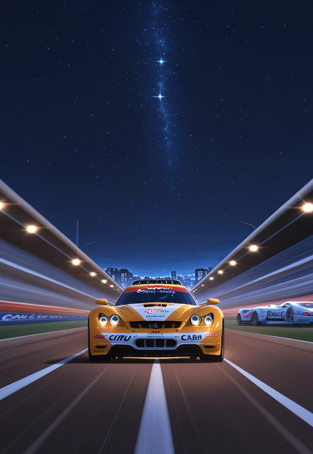 newest, masterpiece, absurdres, best quality, Versabg, no humans, scenery, night, sky, night sky, outdoors, star (sky), starry sky, building, city, car racetrack, racing cars