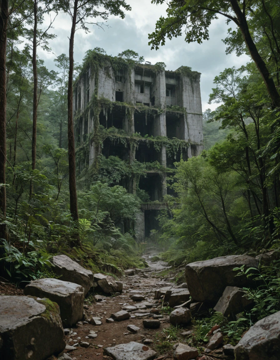 score_9, score_8_up, score_7_up, realistic, rainforest in a cloudy day, concrete obelisk in the center