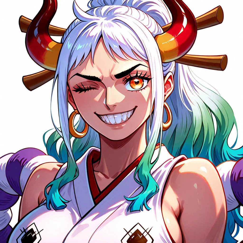 masterpiece, best quality, newest, absurdres, highres, Berserkingtimeface, smile, teeth, one eye closed, grin, 1girl, yamato \(one piece\), curled horns, red horns, multicolored horns, orange eyes, white hair, green hair, long hair, multicolored hair, aqua hair, gradient hair, blue hair, sidelocks, ponytail, high ponytail, hair stick, large breasts, sleeveless kimono, bare shoulders, hoop earrings, earrings, shimenawa, toned