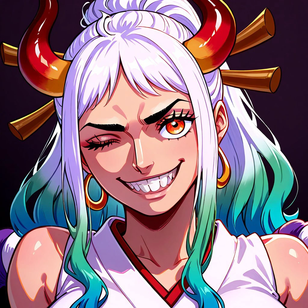 masterpiece, best quality, newest, absurdres, highres, Berserkingtimeface, smile, teeth, one eye closed, grin, 1girl, yamato \(one piece\), curled horns, red horns, multicolored horns, orange eyes, white hair, green hair, long hair, multicolored hair, aqua hair, gradient hair, blue hair, sidelocks, ponytail, high ponytail, hair stick, large breasts, sleeveless kimono, bare shoulders, hoop earrings, earrings, shimenawa, toned