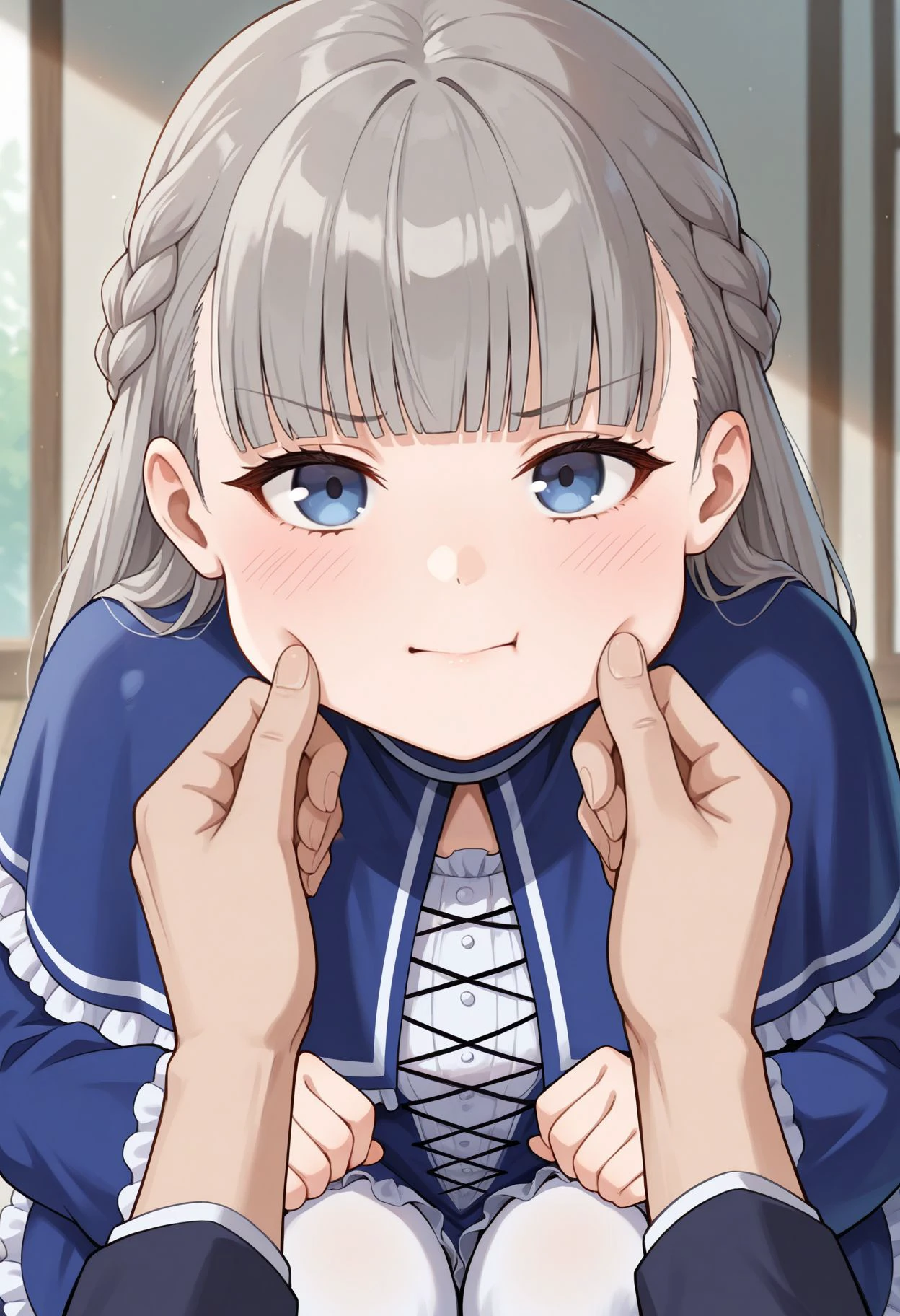 masterpiece, best quality,  , looking at viewer, , pov hands, cheek pinching, solo focus, blush, portrait, hands up, 
 <lora:Lawine v2:1> 1girl, long hair, frills, blue eyes, blue dress, braid, long sleeves, grey hair, blue capelet, blunt bangs, white thighhighs, frilled dress, cross-laced clothes, frilled capelet