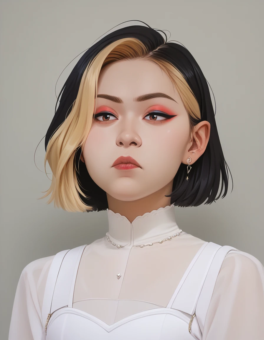 best quality,absurdres,
score_9,score_8_up,epiCPhoto,solo,
<lora:Ryujin-06:1>,korean woman,ryujin,dark brown eyes,
1girl,makeup,eyeshadow,lips,short hair,two-tone hair,black hair,blonde hair,fashion clothes,closed mouth,
<lora:Incase_Journals_style_r1:0.5>,icjournals,blocky,painterly,<lora:g0th1c2XLP:0.25>,g0th1c,<lora:ARKN2:0.25>,arkn2,<lora:Pout_XLPD:1>,pout,:t,closed mouth,