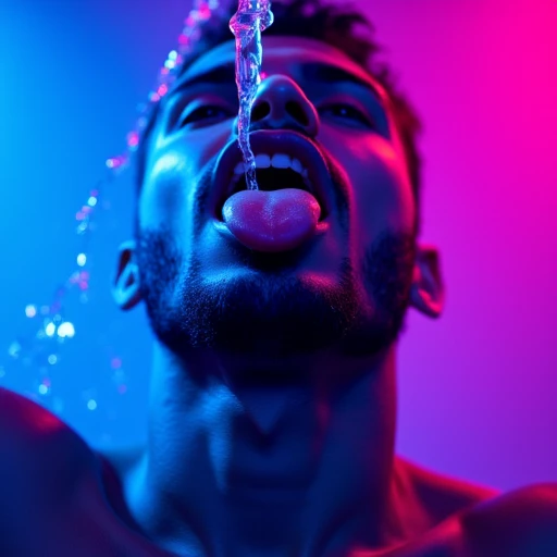 Pouring into his mouth. This is a high-resolution, dramatic photograph featuring a man with his mouth open and his tongue sticking out. A stream of water is pouring into his mouth. The image is bathed in a vibrant, neon-lit environment with a strong emphasis on contrasting colors – predominantly blue, pink, and purple hues. The man, who appears to be of Middle Eastern or Mediterranean descent, has a strong jawline, a neatly trimmed beard, and short, dark hair.