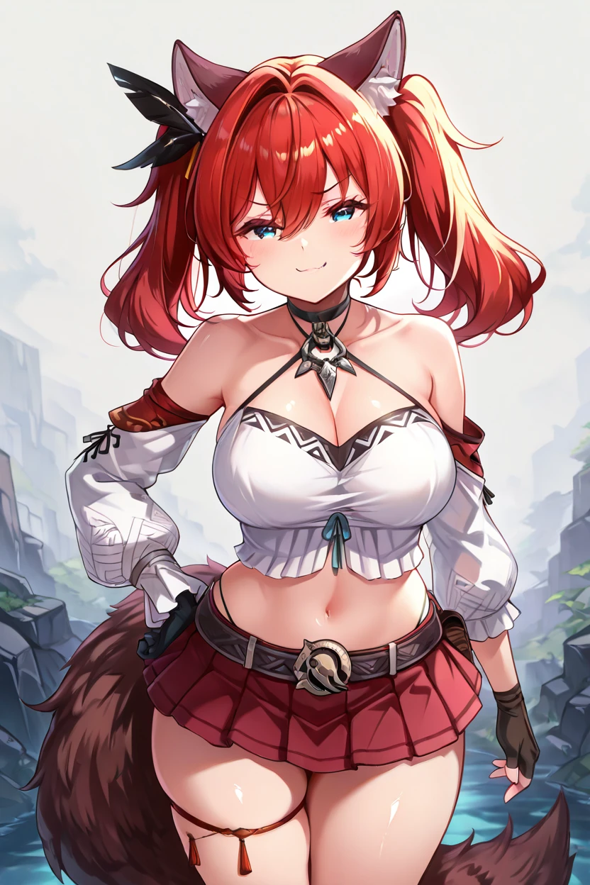 masterpiece, best quality, solo, curvy, beautiful eyes,zzTerara, red hair, fox tail, hair between eyes, asymmetrical gloves, bare shoulders, belt, black choker, black gloves, criss-cross halter, crop top, detached sleeves, fingerless gloves, fox tail, halterneck, jewelry, long sleeves, miniskirt, navel, necklace, pleated skirt, red skirt, thigh strap, white shirt,   <lora:TeraraAzurPromiliaIXL:1.0>, cowboy shot, hand on hip, smug, smile, looking at viewer, shiny skin,