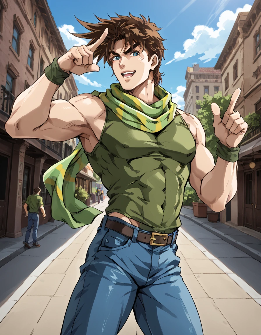 joseph joestar,1 man, green shirt, blue jeans, scarf, posing, pointing upwards,  <lora:Joseph_Joestar:0.8>