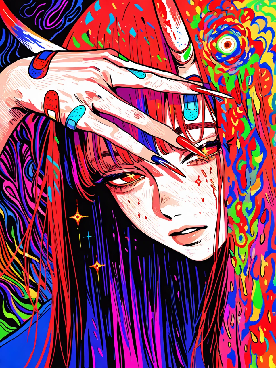 perfect composition, very awa, jaggy lines,  limited palette, spot color,  colorful, acid_trip, abstract background, limited palette, traditional media, dutch angle,  foreshortening, face focus, oil painting \(medium\), 
1girl, upper body, solo,  multicolored hair, straight hair, red eyes, half-closed eyes,  + +, parted lips, long nails, hair ornament, oni horns, hand over eye, bandaid on hand,   <lora:vivid:0.6>