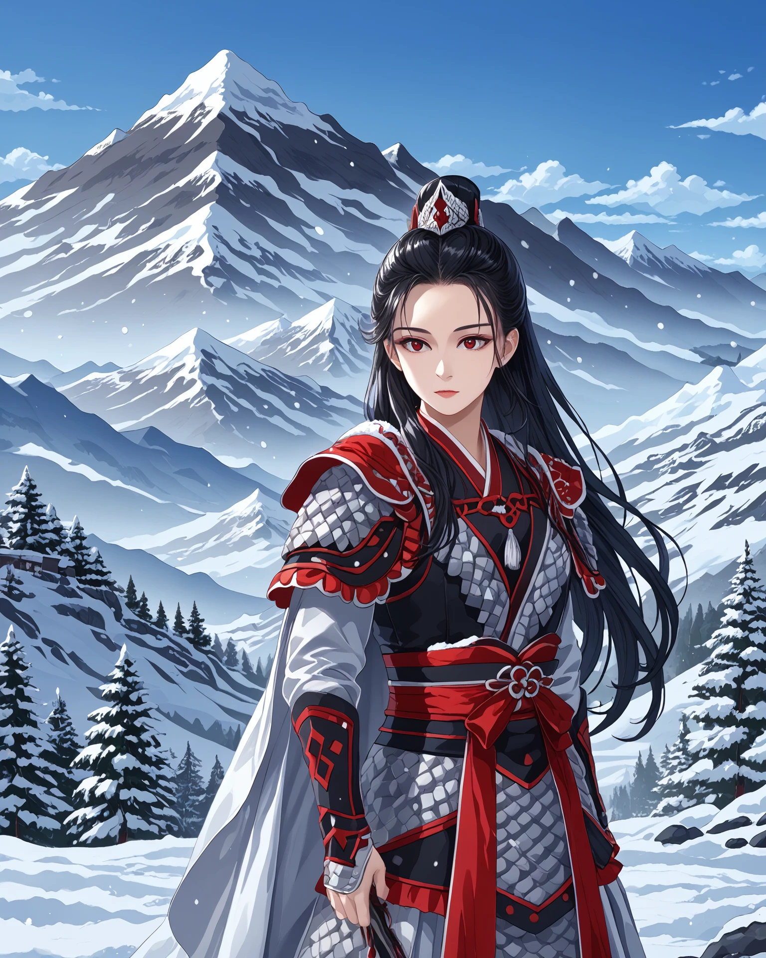 1girl, chinagen, black hair, red embroidery, patterning, snowy mountain, beautiful mountain scenery, masterpiece, highest quality, absurdres, digital art, very detailed, score_9, score_8_up, score_7_up, long hair,  <lora:ChinaGen_XL-000012:1.2>,   <lora:hagushkaFLUX:1> hagushka