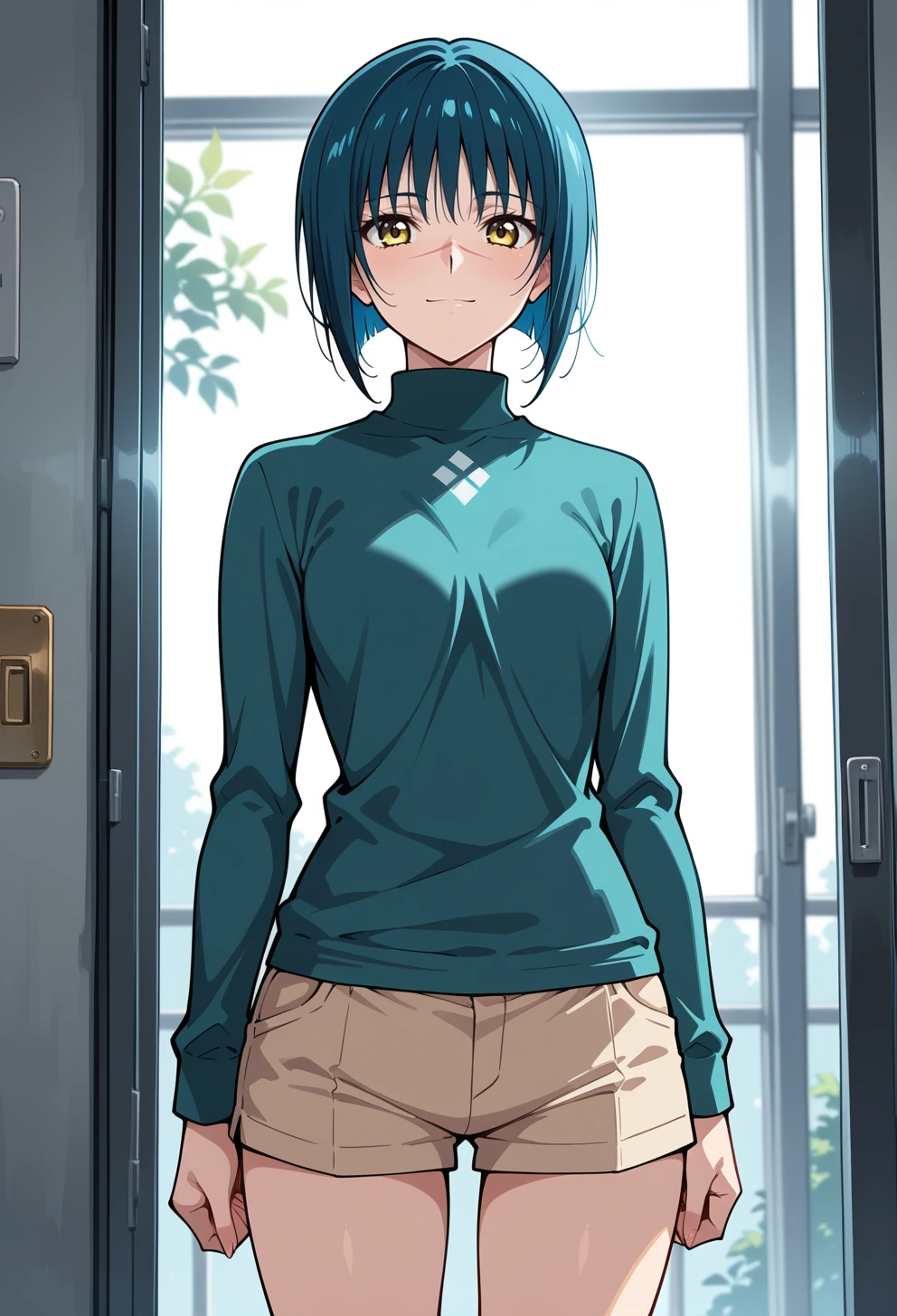 masterpiece, best quality, high quality, anime, solo, <lora:AETOKIKOILLX:0.9>
AETokikoDef, yellow eyes, blue hair, bobcut, short hair, scar on nose,
teal turtleneck shirt, long sleeves, beige shorts, light smile, standing,