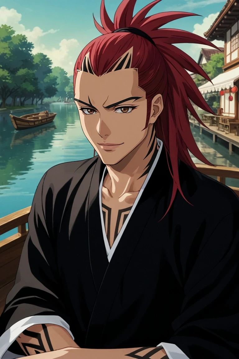 score_9, score_8_up, score_7_up, source_anime, rating_safe, intricate details, anime screencap, anime coloring, official style, , , 1boy, solo, male focus, <lora:renji_abarai_pony:0.94>, renji_abarai, red hair, brown eyes, spiked hair, long hair, ponytail, tattoo, , floating market, wooden boats, colorful awnings, water ripples, bargaining pose, friendly smile, early morning, ,, <lora:sdxl_lightning_8step_lora:1>