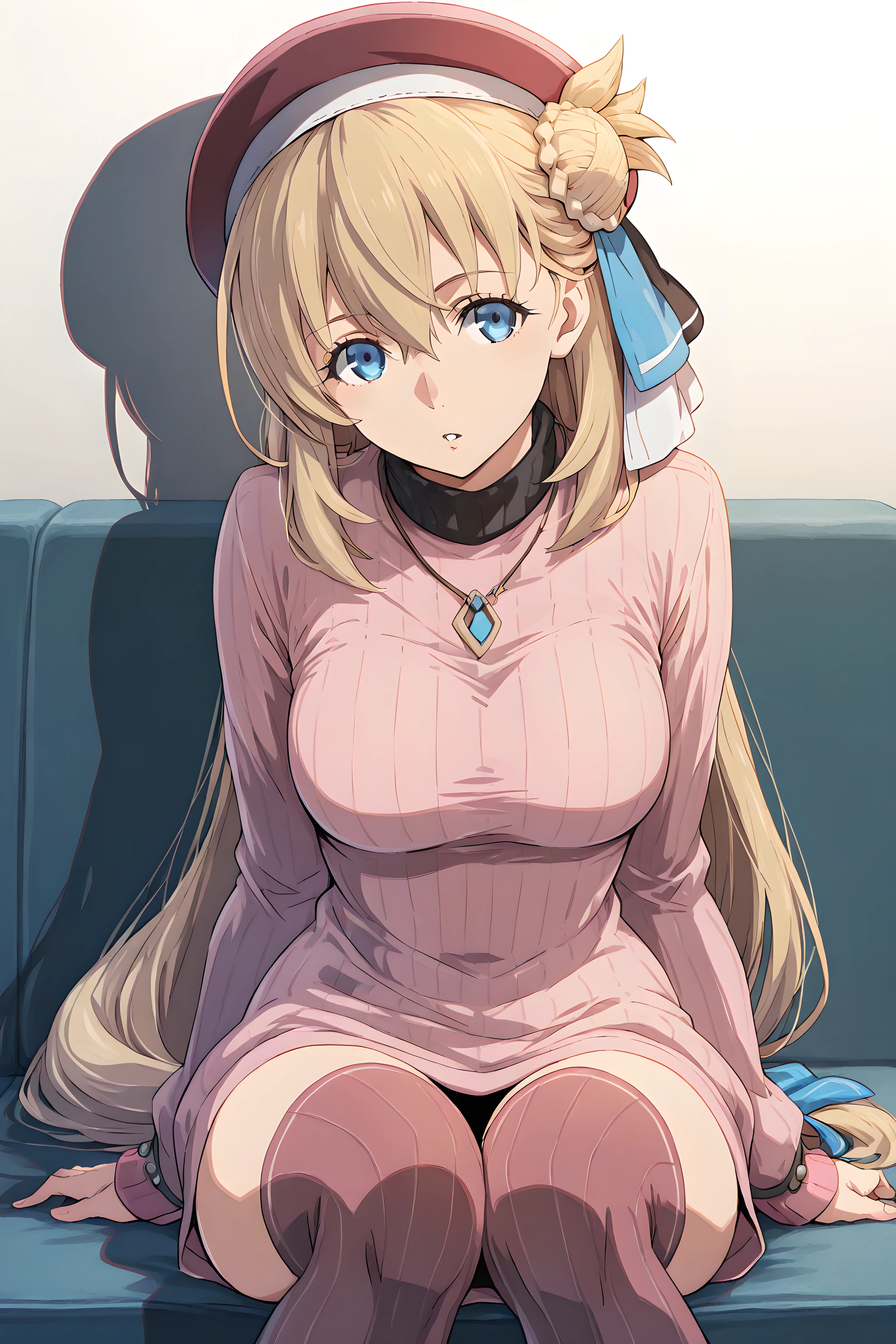 agnes claudel, 1girl, solo, blonde hair, long hair, blue eyes, hat, sitting, thighhighs, ribbed sweater, pink sweater<lora:AgnesClaudel-IllustXL:1>, (masterpiece),(best quality),(ultra-detailed),(best illustration),(best shadow),(absurdres),(detailed background),(very aesthetic),