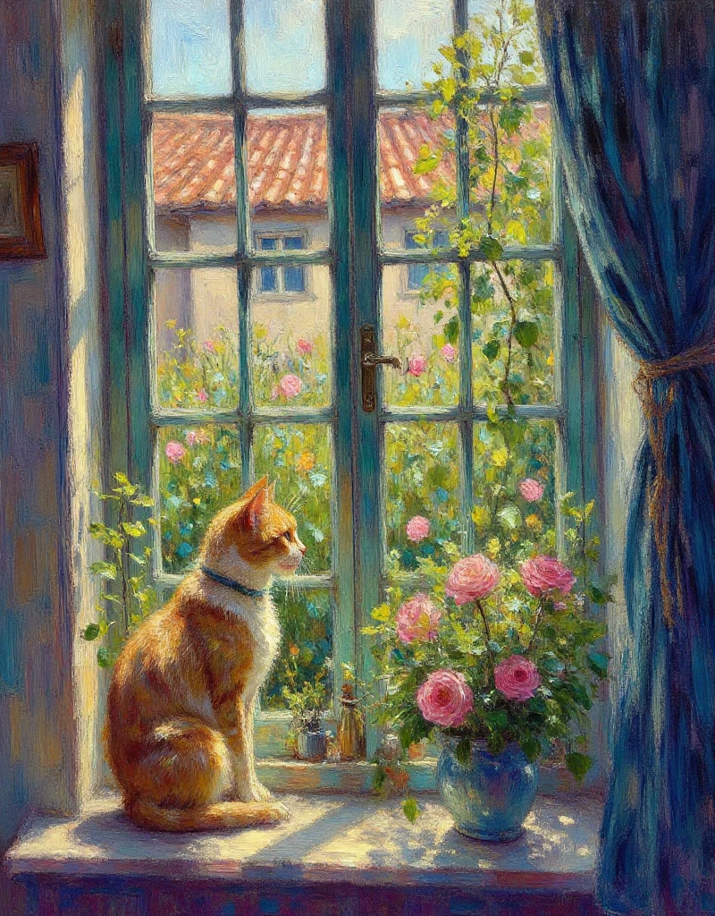 <lora:Art style Impressionist:0.9> art style impressionist, painting, a cat at a window