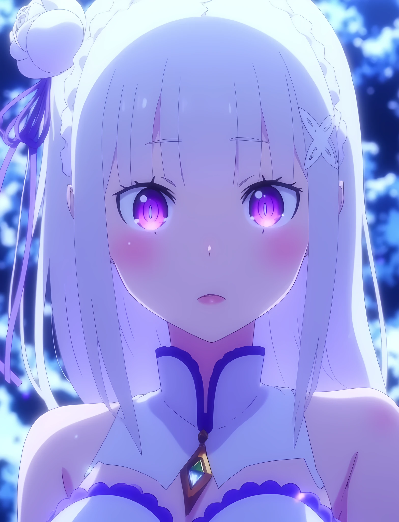 A cinematic close-up shot of Emilia from Re:Zero, her purple eyes glowing softly as she gazes into the camera with a serene expression. Her white hair flows elegantly around her face, illuminated by ethereal, frosty light. Tiny ice crystals and magical sparkles surround her, as a subtle, dreamy bokeh effect blurs the snowy forest in the background. Her iconic white and purple dress is visible only at the collar, framed delicately within the composition. Ultra-realistic anime rendering, soft bloom lighting, and intricate facial detail with a hint of magical aura., <lora:EmiliaFlux:1> EmiliaFlux