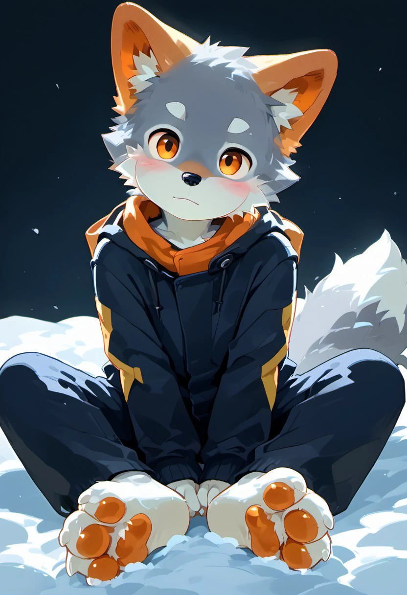 Yakiro,source_furry,grey fur,(perfect orange ear),(tail:1.2), (small body size:1.8),1boy, solo, (two pawpads), soles, blush, realistic, (dark environment:1.3), (perfect feet), (young:1.9), (styrofoam), (chagrin), exterior, (suck own finger:1.4), (body covered in snow:1.5), from above, head tilt, body tilt, feet apart