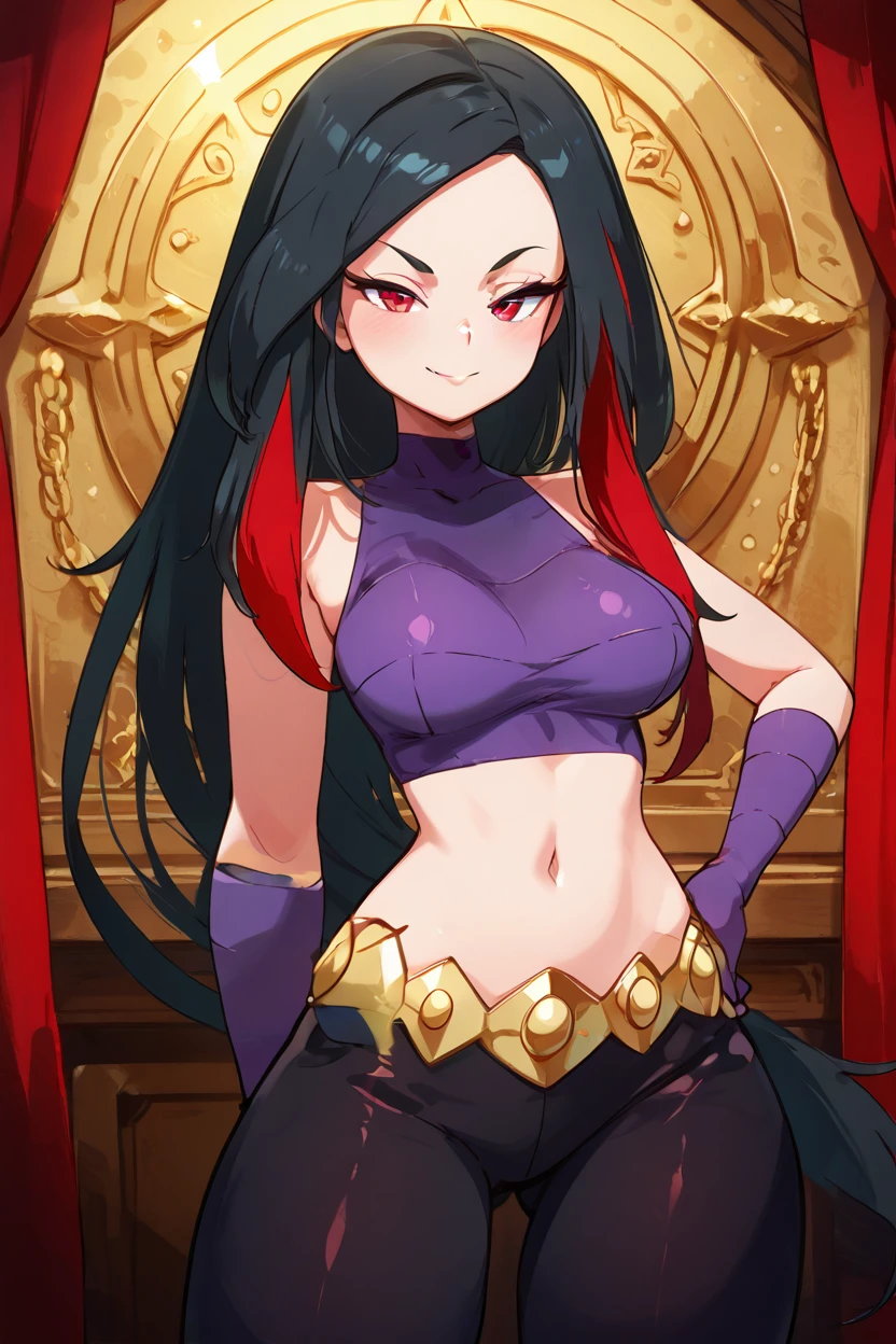 masterpiece, best quality, solo, curvy, beautiful eyes,,<lora:LucyPokemonIXL_v3:1.0>, zzLucy, red eyes, black hair, colored inner hair, long hair, multicolored hair, red hair, streaked hair, two-tone hair, very long hair, gloves, navel, sleeveless, purple gloves, elbow gloves, shirt, bare shoulders, purple shirt, black pants, cowboy shot, hand on hip, smug, smile, looking at viewer, shiny skin,<lora:DiivesIXL:1.0>,