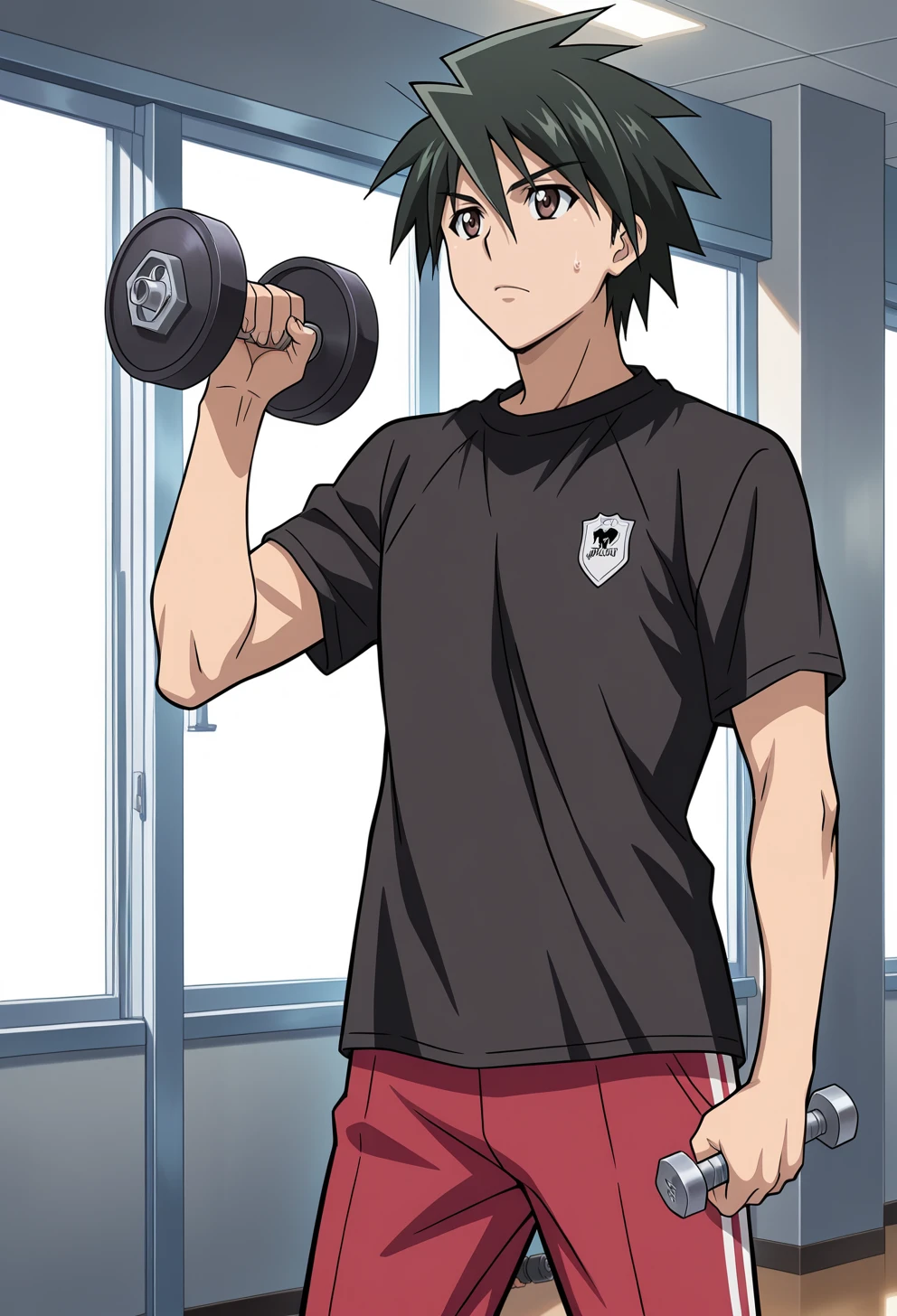 masterpiece, best quality, high quality, anime, solo, 
 <lora:AEKazuki_1:0.8> 
AEKazukiDef, brown eyes, black hair, hair between eyes, spiked hair, 
hand up, holding dumbbell, track pants,