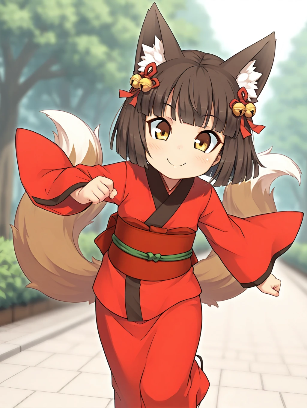 1girl, Kamuro, brown hair, short hair, fox ears, hair accesory, bells on hair, yellow eyes, 2 fox tails, two tails, (multiple tails:0.5), red kimono, wide sleeves, sash,

smile, running, ((dynamic pose)), happy,

masterpiece, best quality,amazing quality, very aesthetic, absurdres, depth of field, blurry background, extremely detailed face, detailed eyes