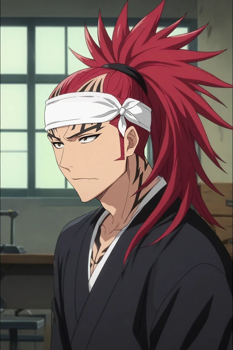 score_9, score_8_up, score_7_up, source_anime, rating_safe, intricate details, anime screencap, , , , , 1boy, solo, male focus, <lora:renji_abarai_pony:0.98>, renji_abarai, red hair, brown eyes, spiked hair, long hair, ponytail, tattoo, white headband, from side, workshop, indoors, dark, the pose, wavy mouth, , <lora:sdxl_lightning_8step_lora:1>