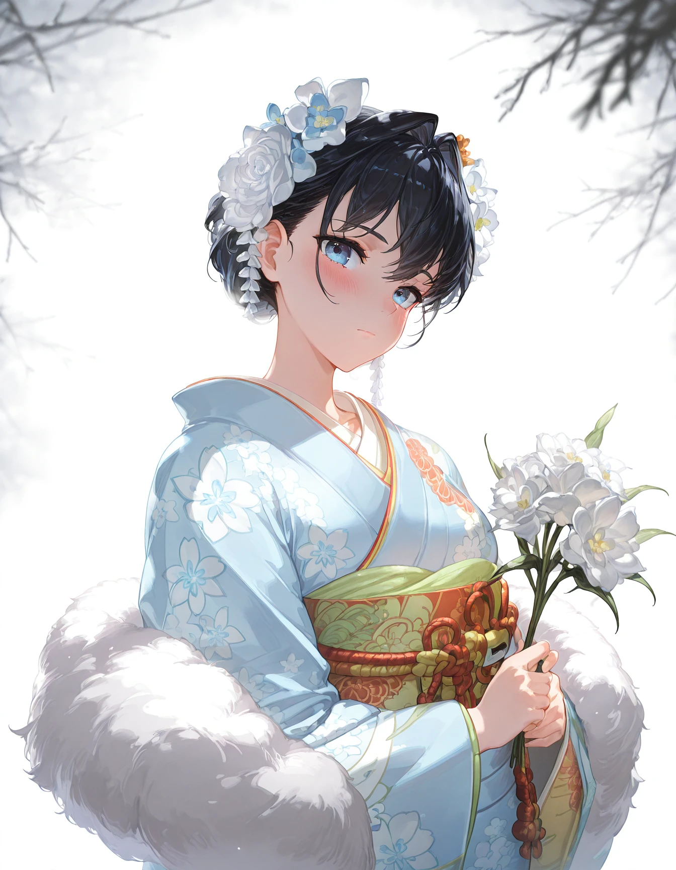 masterpiece, best quality, amazing quality,  
 <lora:kroniIL:1>, kroniiIL, kroniikimono, short hair, hair flower, hair bun, blue kimono, floral print, sash, white thighhighs, fur scarf, 1girl, solo, looking at viewer, blush, black hair, hair ornament, holding, closed mouth, upper body, flower, japanese clothes, kimono, obi, white flower, holding flower
 <lora:GBF_Illustrious:1> gbf_style