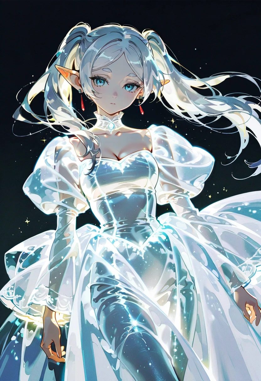 1girl,solo,looking at viewer,ikeda ruriko,glowing gown, white dress, frieren,dark background,sparkle,