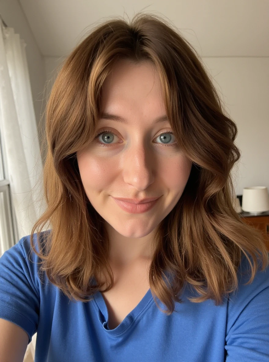 RAW photo of al1s0nr0ug3 woman, wearing a blue tshirt, in a living room, detailed face, natural lighting, highly detailed, absurdres, smile happy

