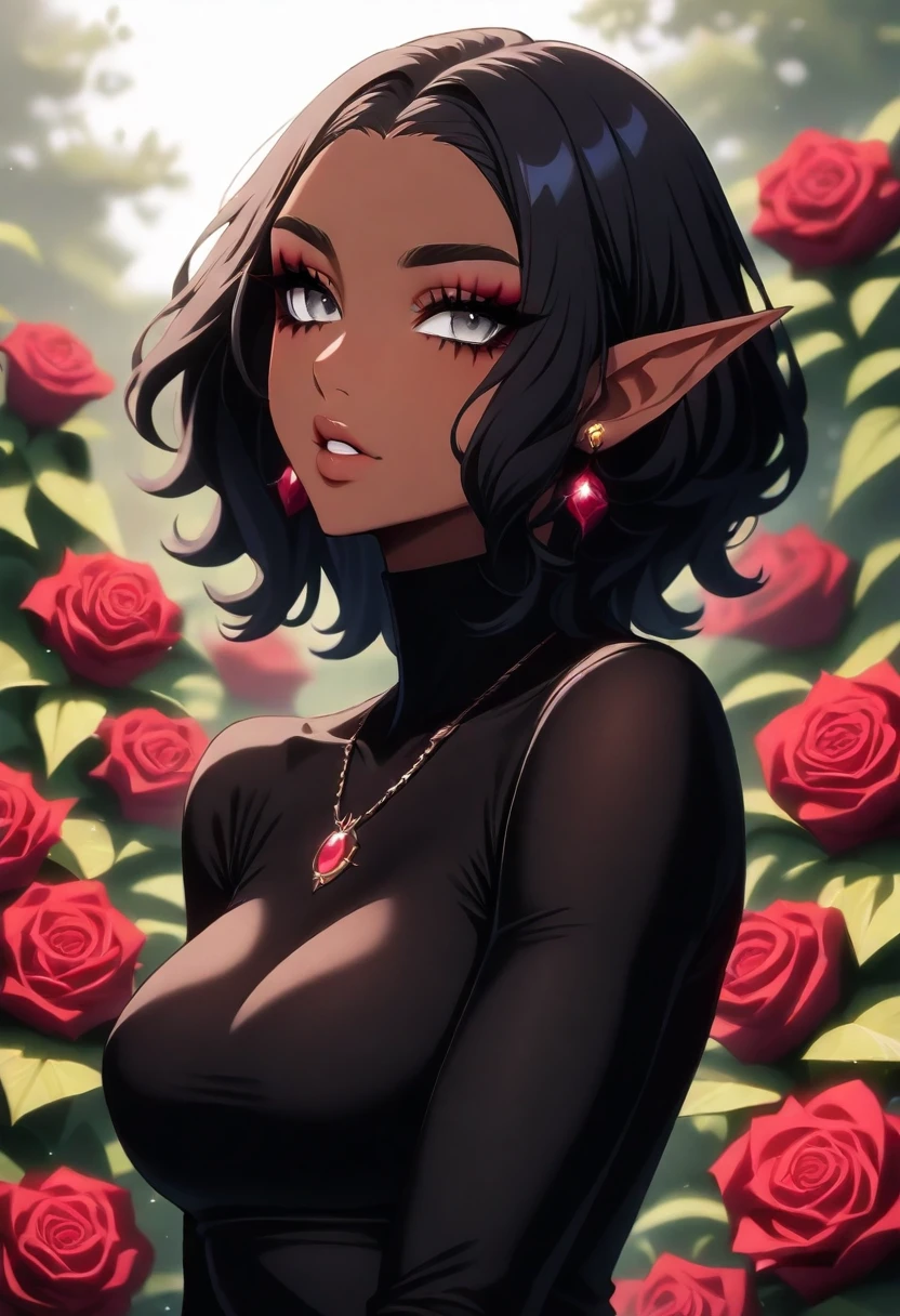 SHSLG, 1girl, jewelry, solo, flower, pointy ears, rose, black hair, dark skin, dark-skinned female, necklace, breasts, earrings, red flower, parted lips, medium hair, red rose, medium breasts, looking at viewer, upper body, elf, grey eyes