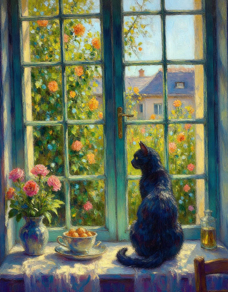 <lora:Art style Impressionist:0.9> art style impressionist, painting, a cat at a window