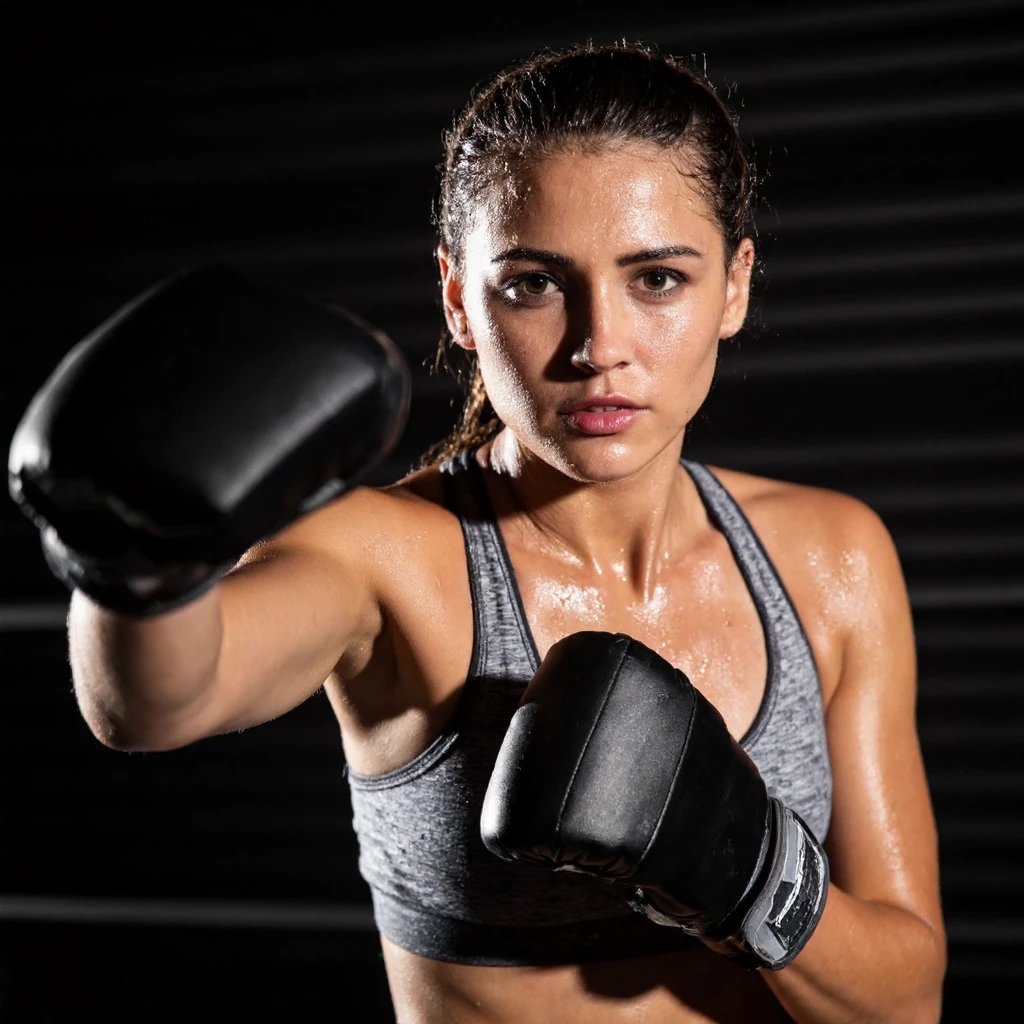 The 'amateurish photo' candid street photography captures a woman, Medium shot of a woman throwing a punch, her arms and face shining with sweat, wearing a gray sports bra and boxing gloves, bright gym lighting, she is staring at the viewer, intense boxing promotional photograph, sports photography, sweat is dripping from her face