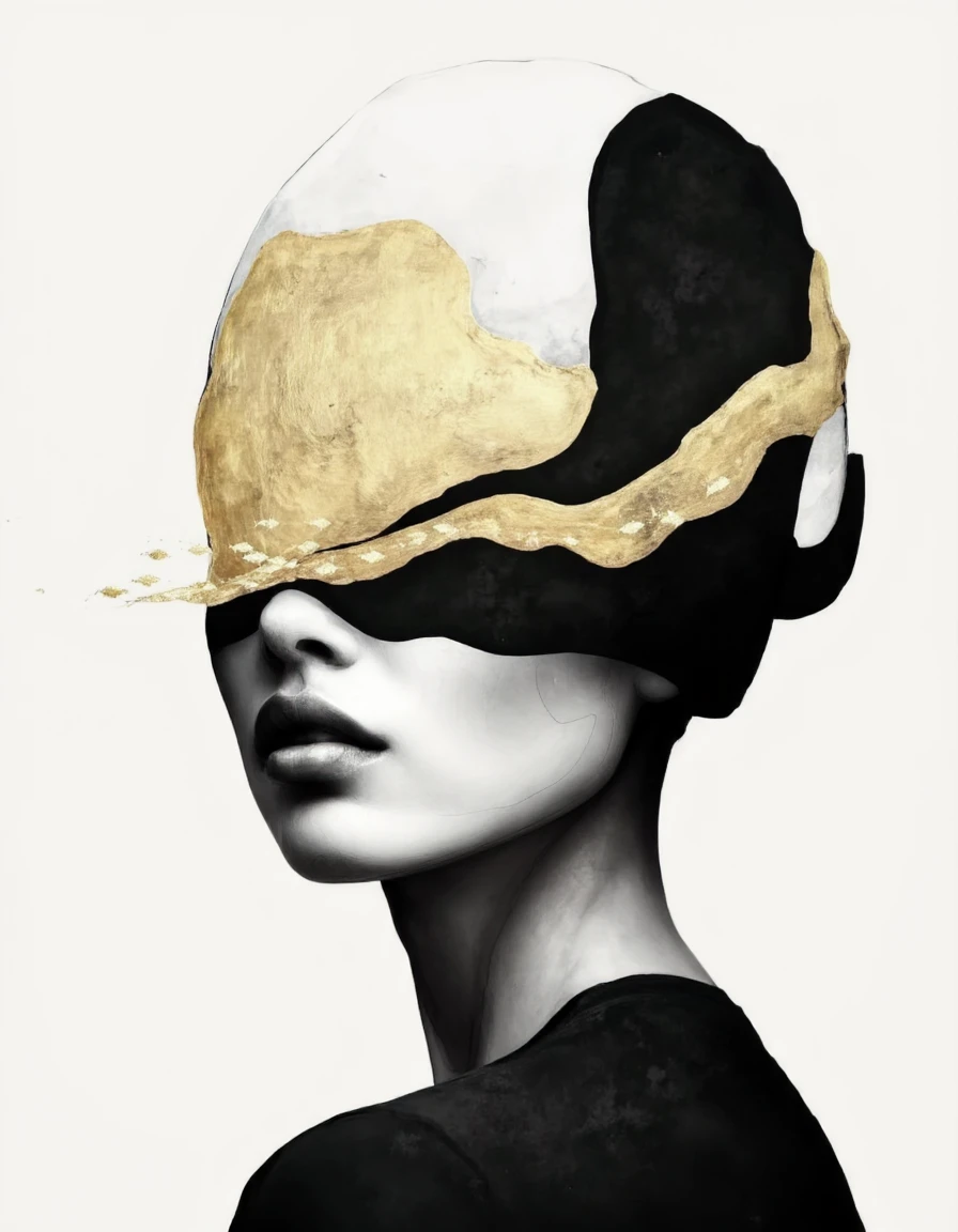 Chris Luha Art. The image is a digital artwork featuring a stylized portrait of a woman's face. The woman's face is depicted in a minimalist, abstract style with a focus on her lips, nose, and eyes, which are obscured by a swirling, abstract pattern of gold and black. The gold elements have a metallic, reflective quality, adding a sense of luxury and sophistication to the piece. The black areas are dark and textured, creating a striking contrast with the lighter areas. <lora:Chris_Luka:1>