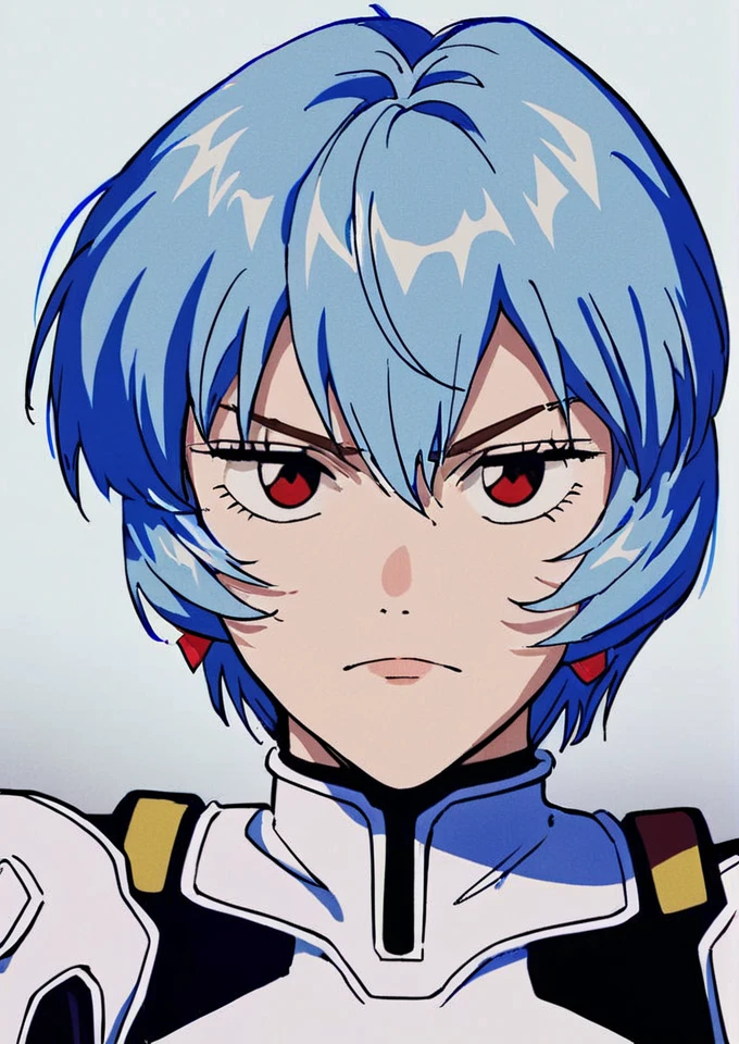 score_8_up, score_7_up, retro artstyle, source_manga, rating_safe, 1girl, ayanami_rei, short hair, blue hair, upper body, raised hands, plugsuit,  green earrings,  <lora:ROCKET_ENGINE_VALVE_-_Dandadan_-_Pony:0.8>, rocketenginevalve face, hiroshiabe face, at a military base