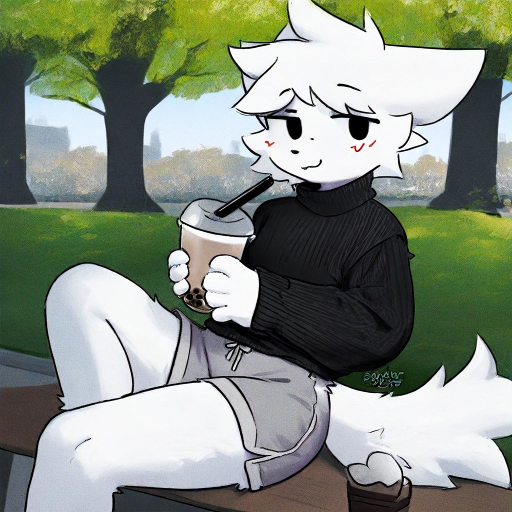 (2024, very aesthetic, newest, best quality, masterpiece), boykisser, solo, furry, cat, white fur, black eyes, black sweater, gray shorts, holding, bubble tea, park, park background